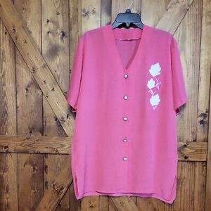 Pink Button-Front Blouse with White Floral Detail And Pearl Buttons,p To P 24